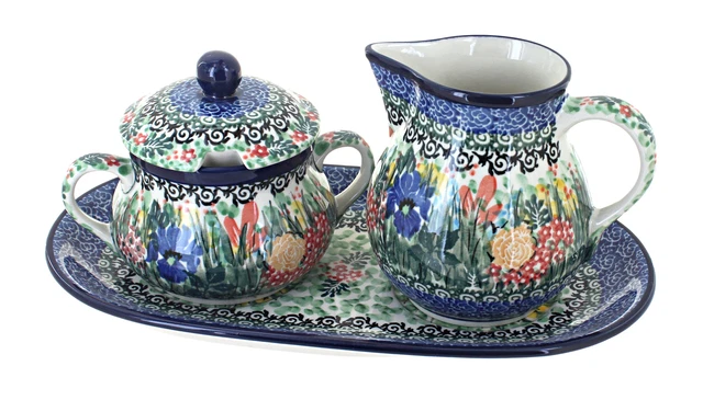 Blue Rose Polish Pottery Summer Blooms Large Cream & Sugar Set with Tray