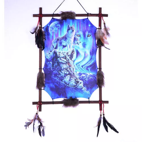 22"x16" Wolf HIdden Wolves Dream Catcher Wall Hang Decor Feathers Wood Frame