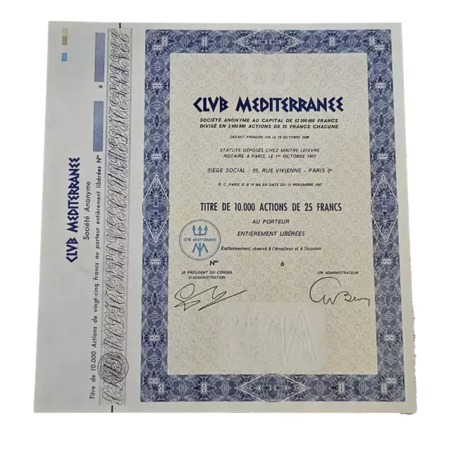 FRANCE - Titre de 10000 actions de 25 francs Club Mediterranee 1957