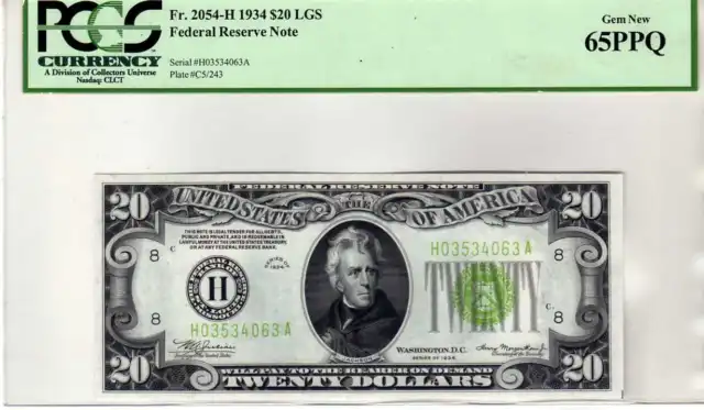 Fr.2054-H 1934 $20 St. Louis Federal Reserve Note Light Green Seal PCGS 65 PPQ