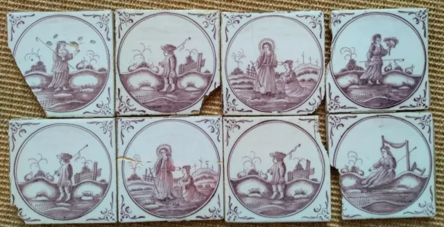 8 Antique Dutch Delft Tiles 18C manganese depicting pastoral and biblical scenes