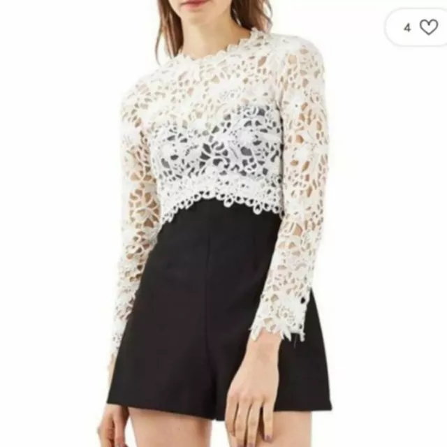 Topshop Black White Lace Top Shorts Romper sz 8