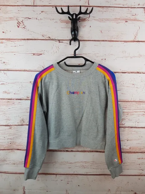 Champion Womens Jumper XS Grey Rainbow Logo Cropped Pullover Sweater Spellout