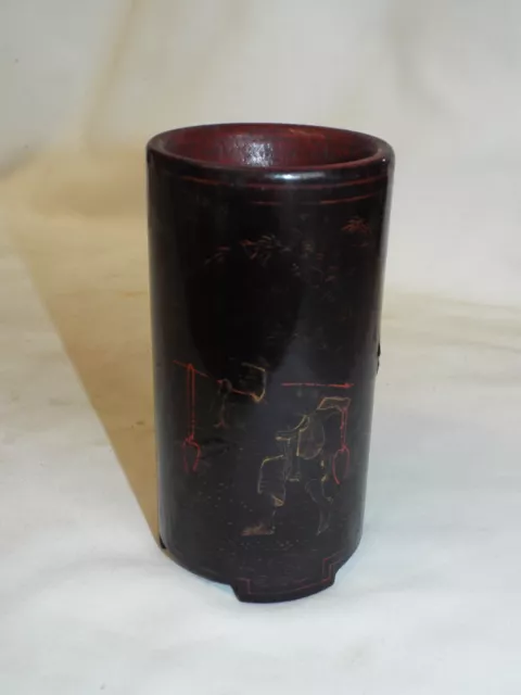 Antique Chinese lacquered painted bamboo brush pot,signed.