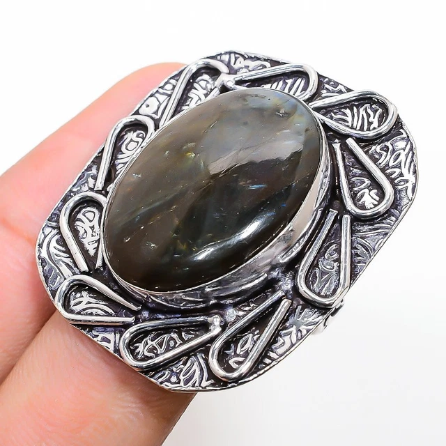 Labradorite Gemstone Handmade 925 Sterling Silver Jewelry Ring Size 10.5 Easter