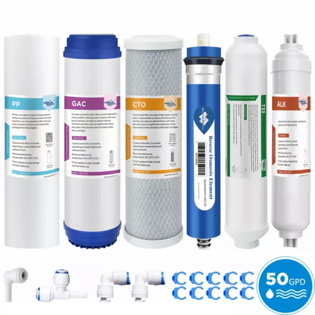 6 Stage Reverse Osmosis System pH Alkaline Water Filter Set with 50G RO Membrane