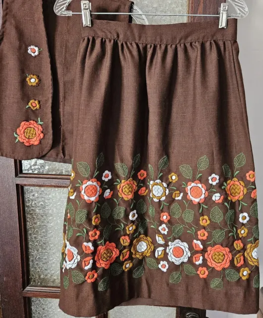 Vintage 70s Homemade Brown Multi-Color Floral Embroidered Skirt Vest Set Outfit