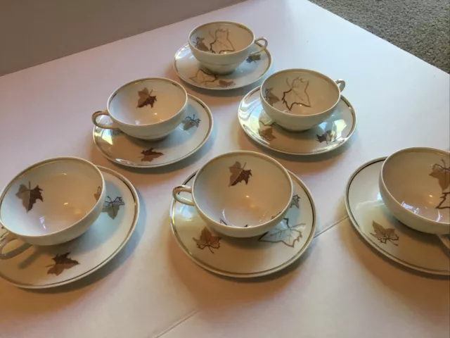 CHARLES AHRENFELDT LIMOGES FRANCE Tea Cups And Saucers LEAVES GOLD TRIM