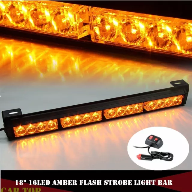 18'' Amber Yellow 16LED Emergency Warning Traffic Advisor Flash Strobe Light Bar