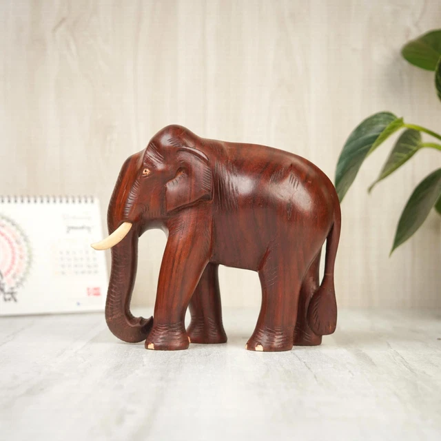 Handmade Wooden Elephant Sculpture Statue Lucky Hand Carved Figurine 3