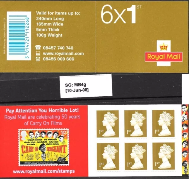 GB 2008 6 francobolli 1a classe, autoadesivi, libretto codici a barre. Walsall.S.G. MB4g