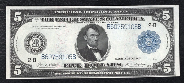 FR. 851a 1914 $5 FIVE DOLLARS FRN FEDERAL RESERVE NOTE NEW YORK, NY ABOUT UNC