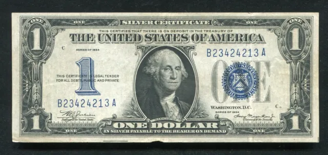 Fr. 1606 1934 $1 One Dollar “Funnyback” Silver Certificate Vf/Xf