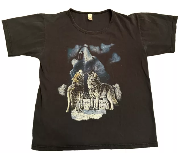 Vtg Nature Wolf Wolves T-Shirt Women’s Small Blue Distressed