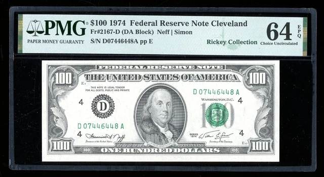 DBR 1974 $100 FRN Cleveland Fr. 2167-D PMG 64 EPQ Serial D07446448A