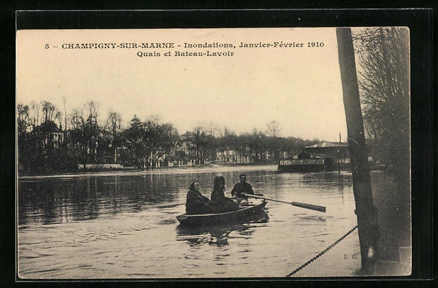 CPA Champigny-sur-Marne, Inondations 1910, Quais et Bateau