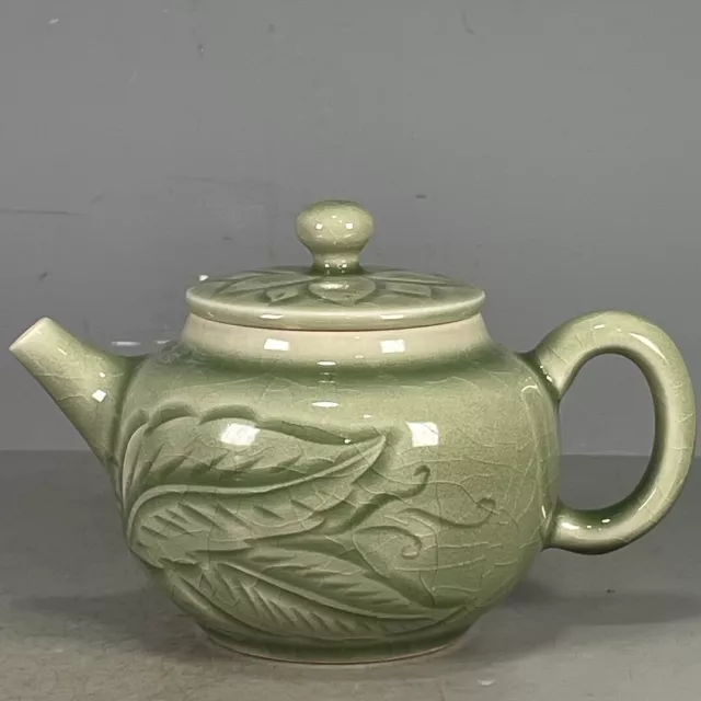 Chinese Hand-Carved pattern ancient Longquan kiln green porcelain Teapot /08