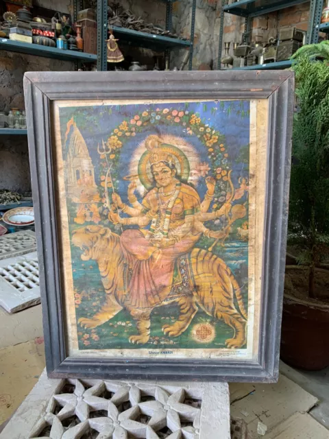 Vintage Old 1960's Hindu Religious Goddess Durga Worship Lithograph Print Framed