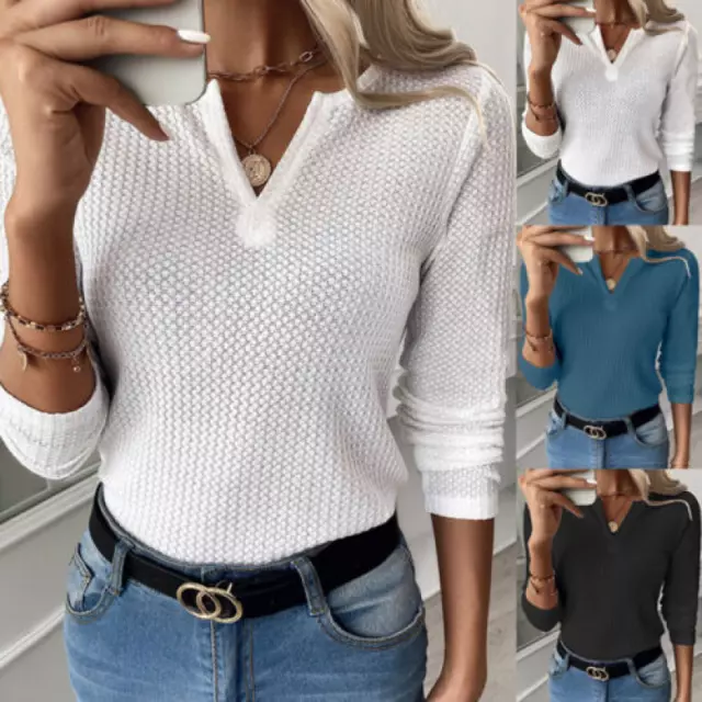 Women Knitted Slim V Neck Long Sleeve T Shirt Casual Blouse Casual Tops Pullover