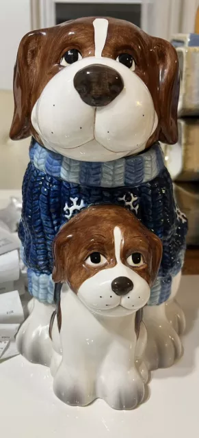 Mercuries Dog Ceramic Cookie Jar 12" Blue Knit Sweater