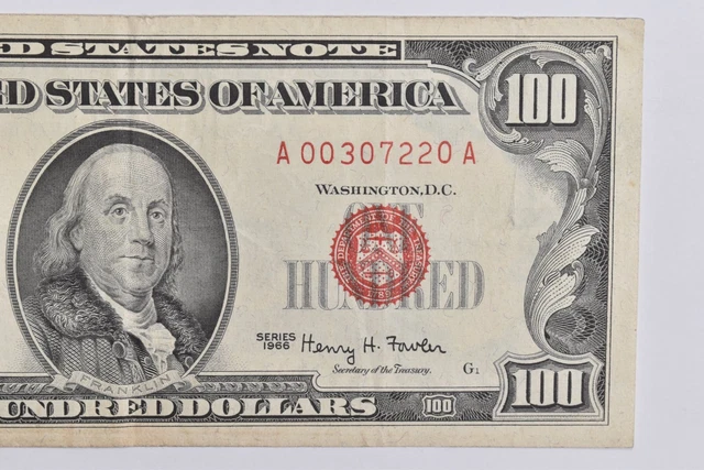 Choice AU RED SEAL - 1966 $100 Legal Tender Red Seal United States Note *474