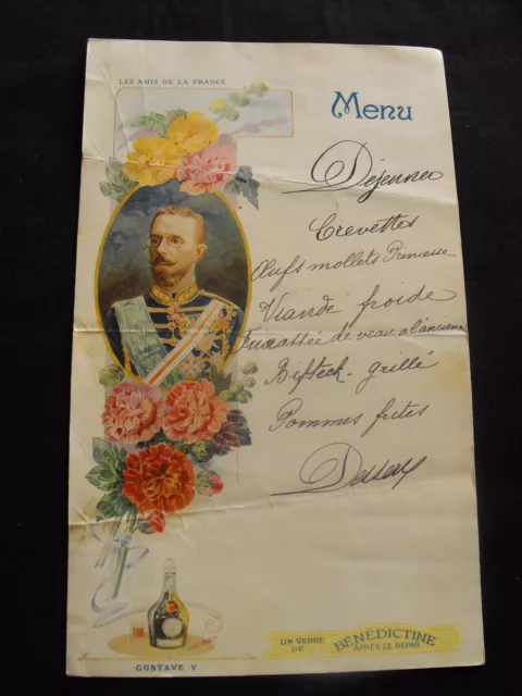 Les amis de la France  Menu ancien Bénédictine  Gustave V   manuscrit