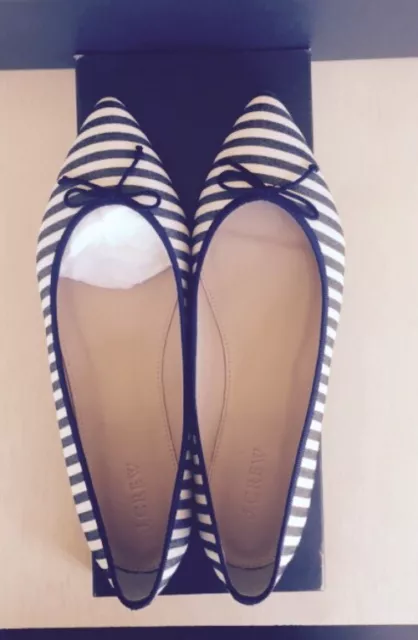 J.Crew Gemma Flats Striped Navy Blue Ivory Size 9 Point Toe Bow Shoes 2