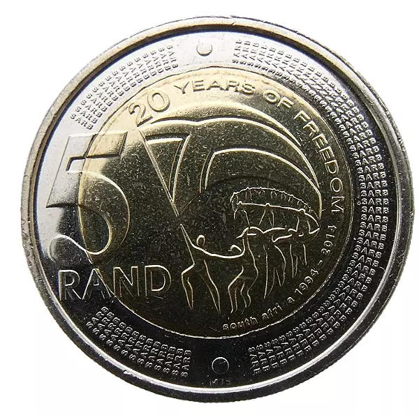 South Africa 5 Rand 2014 20 Years Of Freedom Bi-Metallic Wildbeest Bull Unc