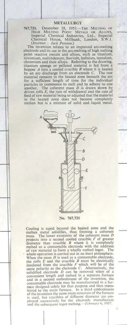 1957 JACK PRESTON Invention, Improved Arc Melting Electrode, ICI £5.00 ...