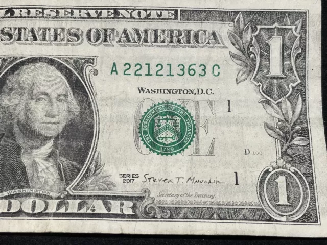 2017 $1 Dollar Bill Insufficient Ink/ink on rollers, Error Note 3