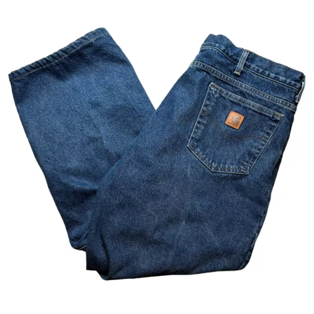 Carhartt Flannel Lined Jeans Mens 42x34 Distressed Relaxed Blue Denim Work Pants