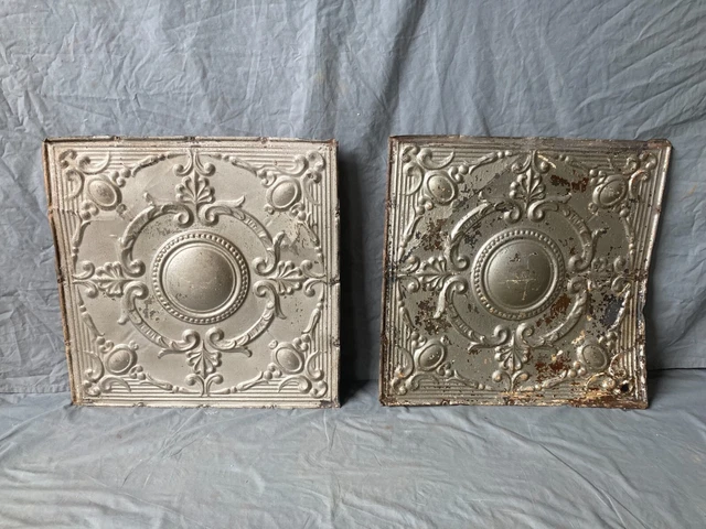 Pair of Antique Tin Ceiling  2' x 2' Shabby Tile 24" SQ Chic VTG Crafts 87-23A