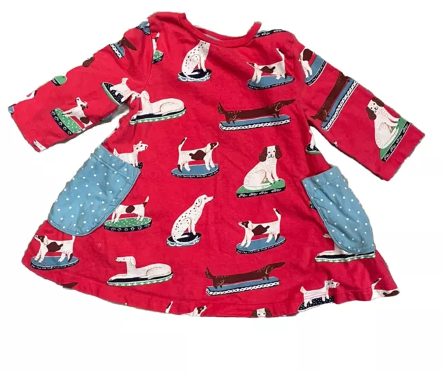 Mini Boden Girls Dog Tunic dress 3-4 Red With Blue Pockets.