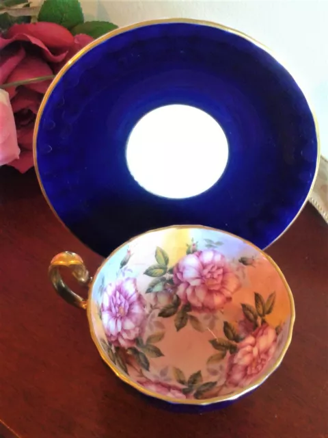 Aynsley Cup & Saucer Set Pink Cabbage Roses w Cobalt, Bone China England 1950s