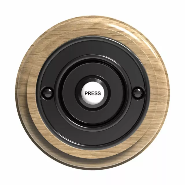 Traditional Round Wired Doorbell in Natural Unvarnished Oak and Black