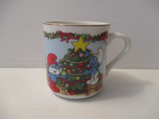 Vintage Smurfs Merry Christmas Cup Mug 1983 Japan Porcelain With Gold Trim