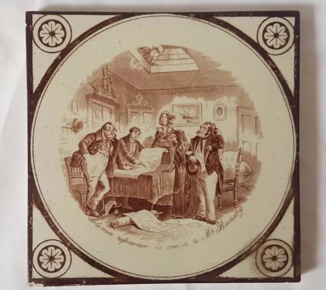 CHARMING  19TH C NARRATIVE TILE 'SOLEMN REFERENCE MR BUNSBY' charles dickens