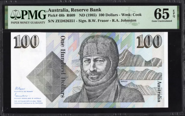 Australia 100 Dollars P48b R609 1985 Fraser Johnston PMG65 Gem UNC EPQ Banknote
