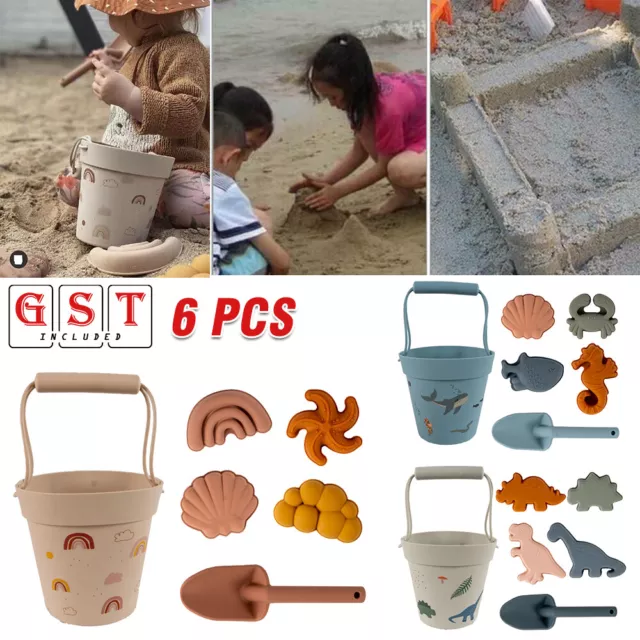 6PCS Beach Toys and Sand Toys Set For Kids - Silicone Buckets HOT Beach Toy