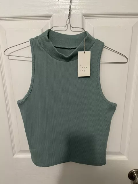 A. New Day Sleeveless Mock Neck Ribbed Sweater Woman's Size M NWT Blue/Green