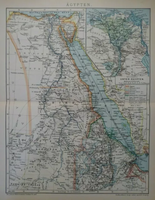 Landkarte Afrika, Ägypten, Rotes Meer, Nubien, Nil, Brockhaus 1898