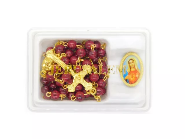 Red Crystal Glass Beads Rosary With Virgin Mary Lapel Pin Holyland Jerusalem