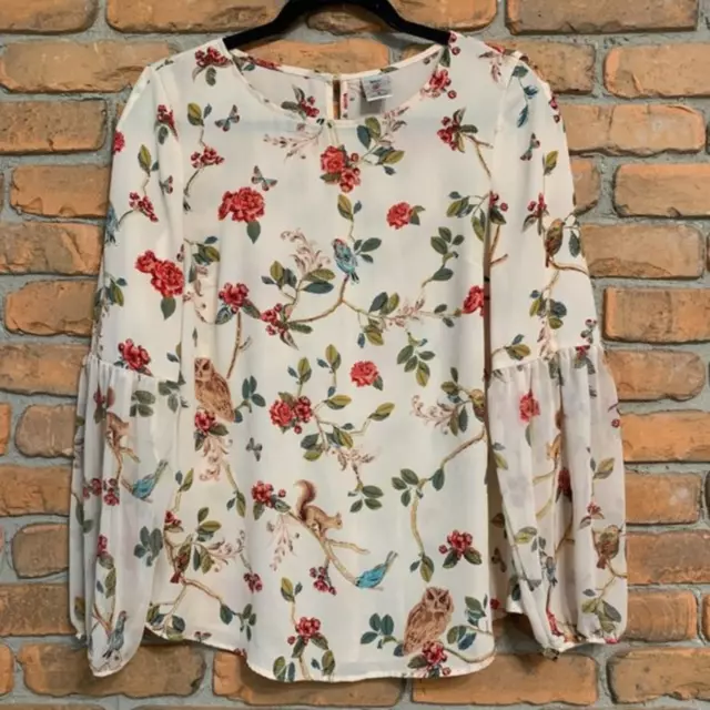 LC Lauren Conrad Disney Snow White Print Long Sleeve Blouse Beige -‎ Size S