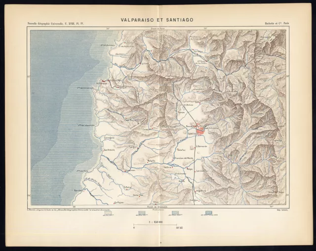 Antique Map-SOUTH AMERICA-VALPARAISO-SANTIAGO-CHILE-Reclus-Perron-1895