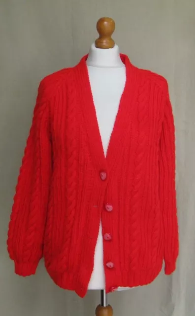 Vintage hand knitted red cable knit cardigan size L 14 16