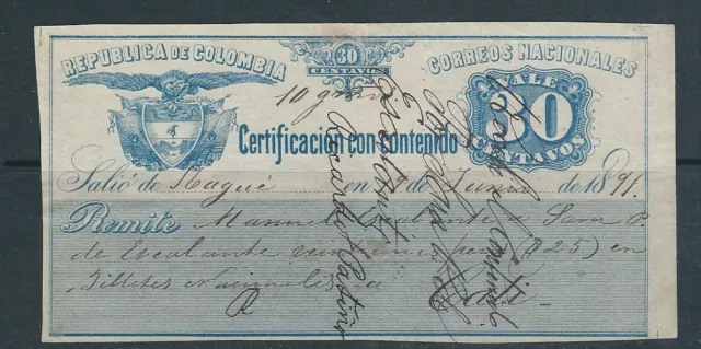 Colombia 1891 Assicurato Valore Francobollo 30 Centavos Usato