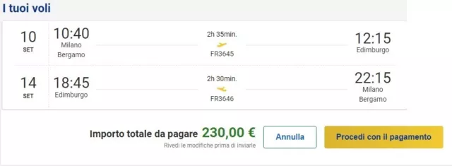 coppia biglietti aerei ryanair milano bergamo/edimburgo 10/09/2023 - 14/09/2023