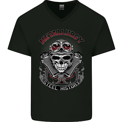 Biker Metallurgy Motorbike Motorcycle Skull Mens V-Neck Cotton T-Shirt
