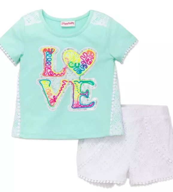 Flapdoodles Little Girl's 2-Piece "LOVE" Top & White Lace Short Set-Size-6/6X