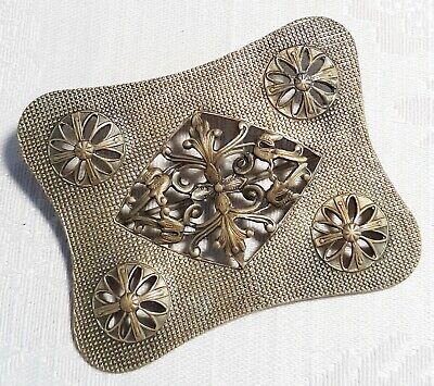 Antique Victorian Brass Sash Brooch Pin w/ Ornate Cutout Designs Textured Top